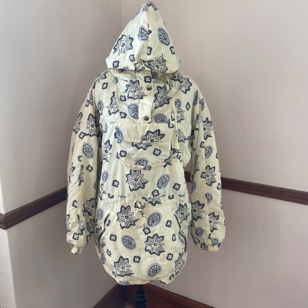 Vtg 90s Y2K L.L. Bean Floral Retro Light Statement Jacket Cream Blue Gorpcore M